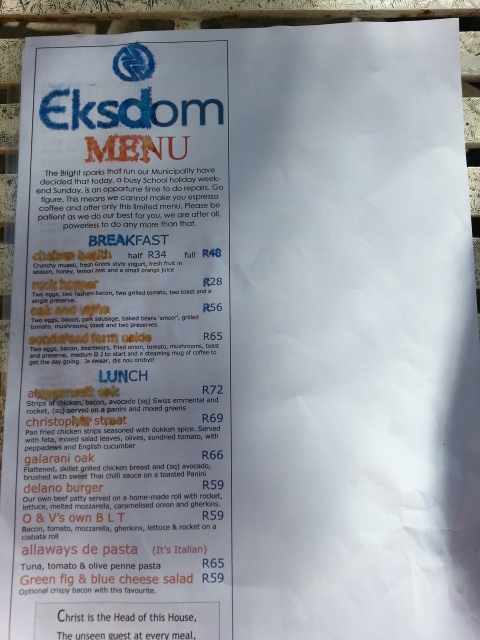 The Eskom menu, Greyton, 2014